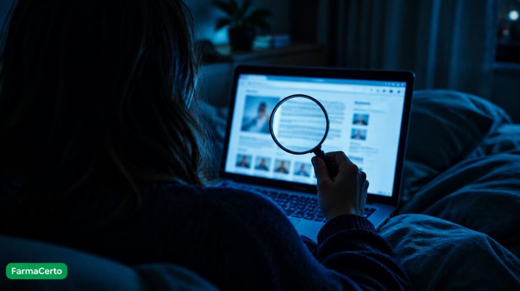 Pessoa de costas com lupa diante do notebook verificando se um site de saúde é confiável