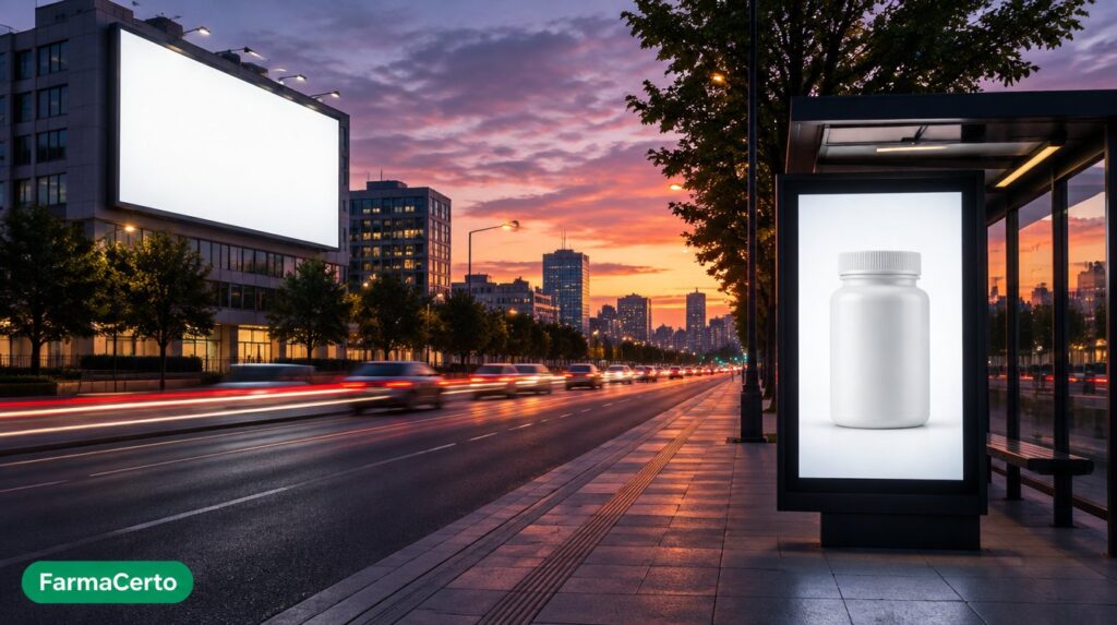Outdoor e painel de rua ao entardecer representando onde anunciar produtos de saúde no Brasil