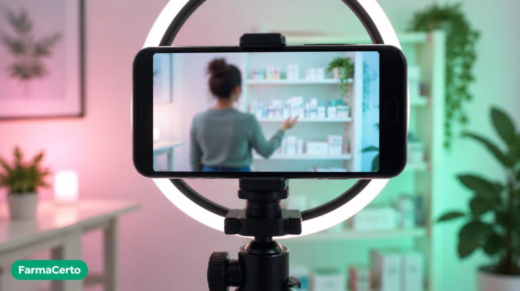 Celular em tripé gravando conteúdo, representando farmacêuticos que influenciam a saúde no Brasil