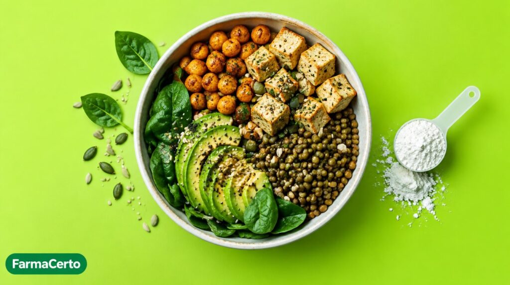 Bowl vegetal colorido com scoop de pó branco ao lado, representando creatina para vegetarianos e veganos