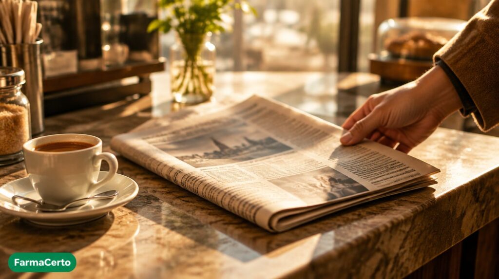 Jornal impresso sobre balcão de café, representando o FarmaCerto como destaque no Jornal O Nortão