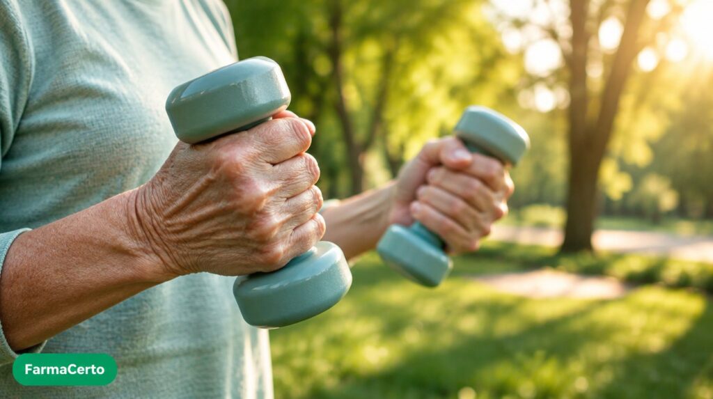 Mãos de idoso segurando halteres leves em parque, representando creatina para idosos e sarcopenia