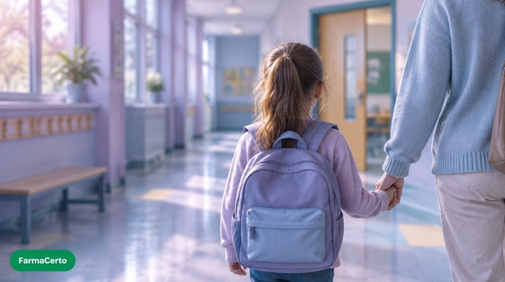 Criança de mochila de mãos dadas com adulto em corredor de escola, representando filho com TDAH e a conversa com a escola