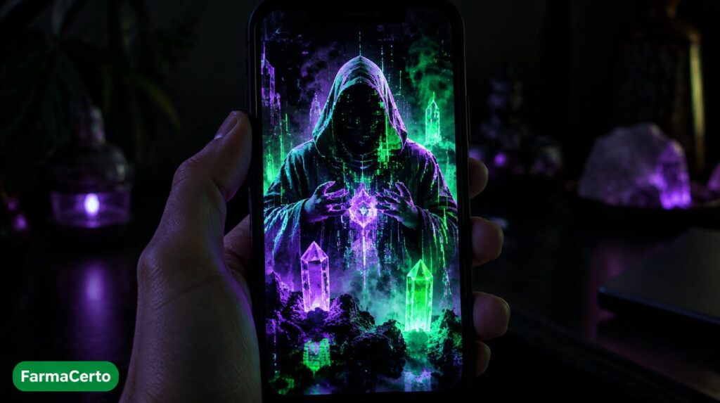Celular exibindo guru criado por IA em tons neon, golpe alertado pela Anvisa