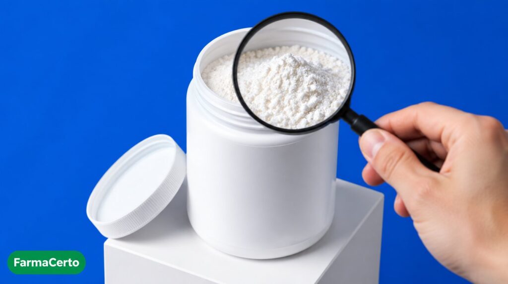Pote branco sem rótulo sendo examinado com lupa, representando a análise da creatina Parmalat