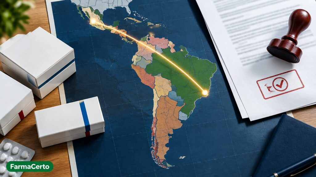 Mapa da América Latina ligando Brasil e México com carimbo de aprovação, ANVISA drug approvals