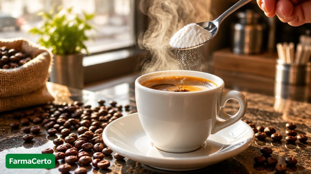 Xícara de café fumegante com colher de pó branco acima, representando tomar creatina com café
