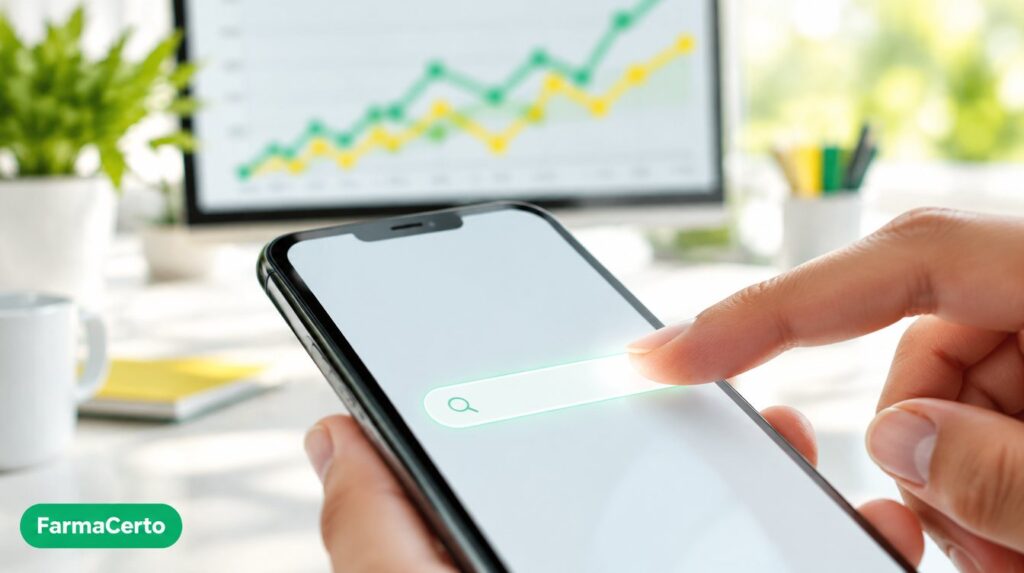 Dedo tocando barra de busca no celular com gráficos de tendência, Brazilian search behavior no mercado de saúde