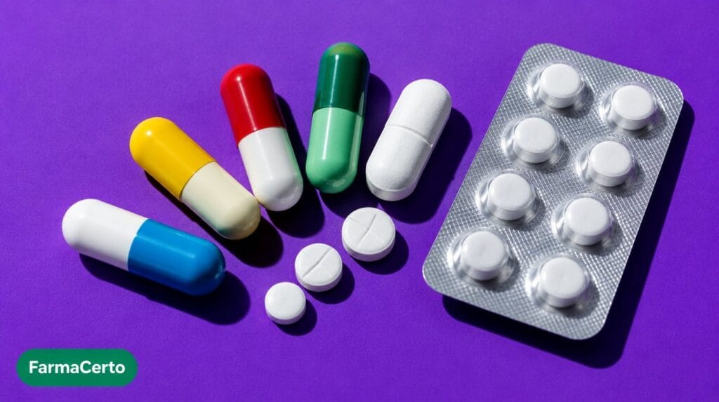 Cápsulas e comprimidos genéricos em fundo violeta, representando as opções de remédios para TDAH adulto