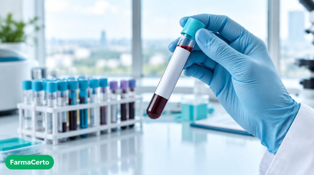 Mão com luva segurando tubo de exame de sangue em laboratório, representando se a creatina aumenta a testosterona