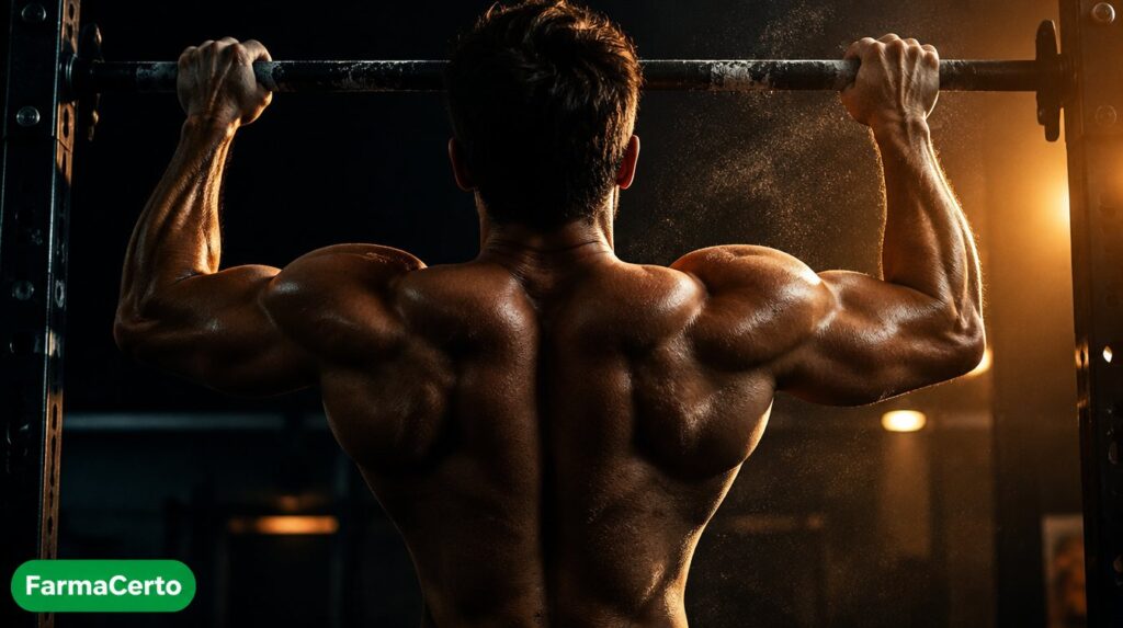Costas musculosas em barra fixa com luz dramática, representando se a creatina aumenta a massa muscular
