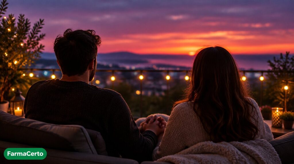 Casal de costas de mãos dadas ao entardecer, representando a relação entre creatina, libido e impotência