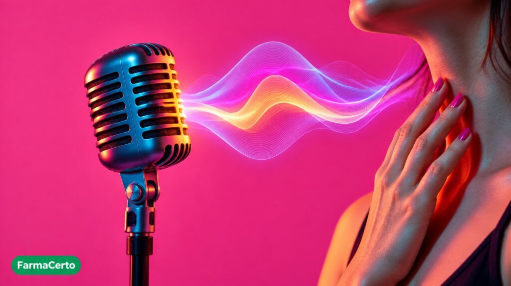 Microfone com ondas sonoras em fundo rosa, representando se a creatina engrossa a voz feminina