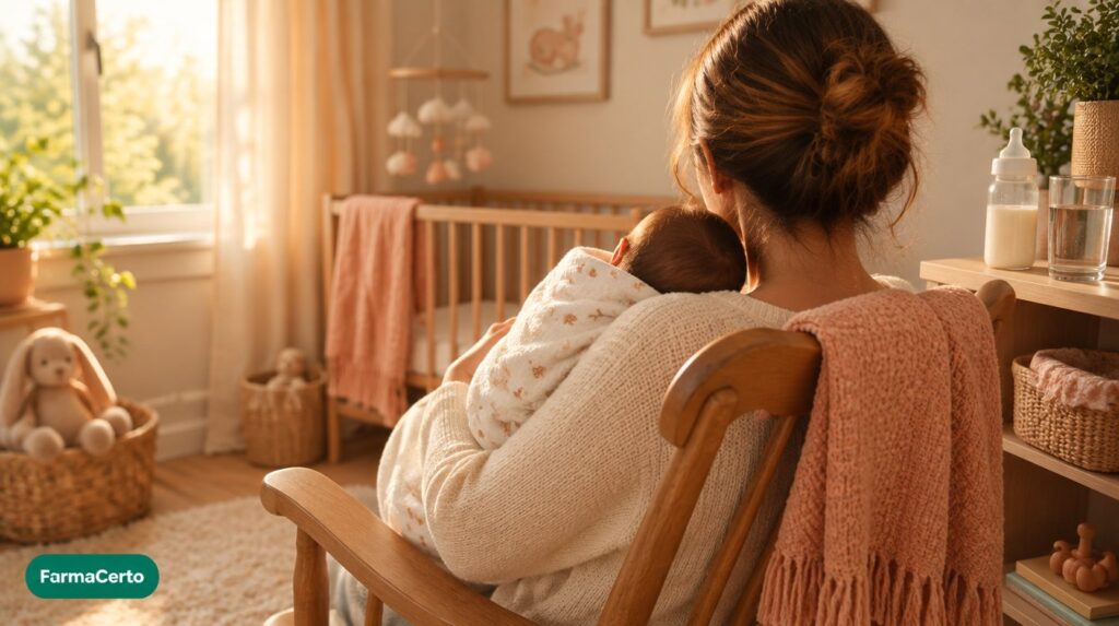 Mãe de costas com bebê no colo em quarto iluminado, representando se lactante pode tomar creatina