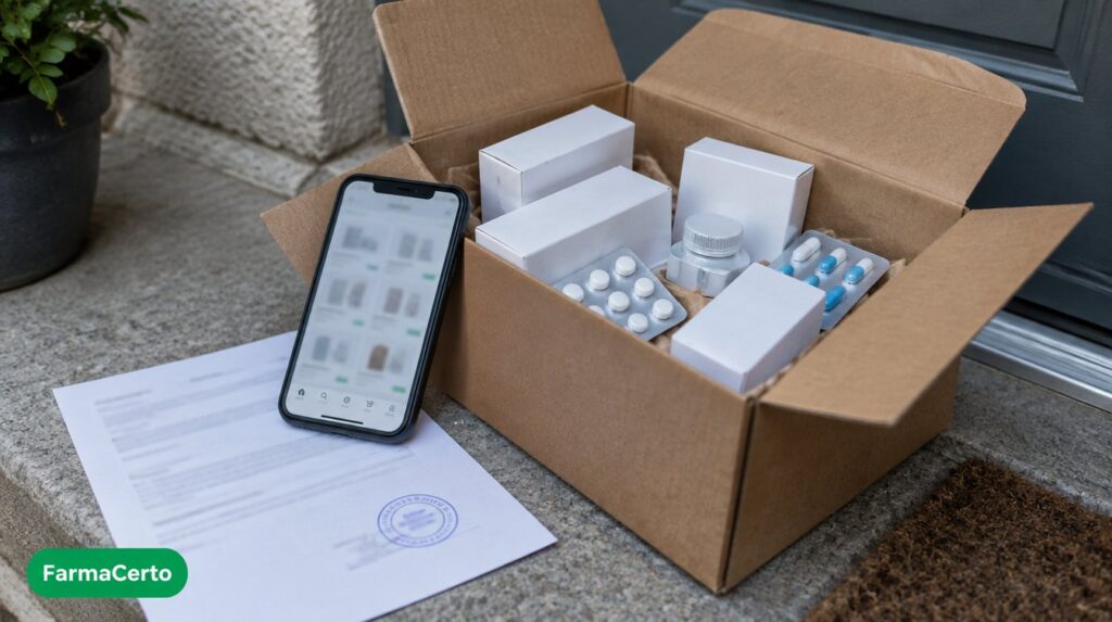 Caixa de entrega com medicamentos e celular, regulamentação da Anvisa para venda de medicamentos em marketplaces