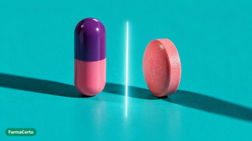 Cápsula e comprimido frente a frente representando a interação entre omeprazol e clopidogrel
