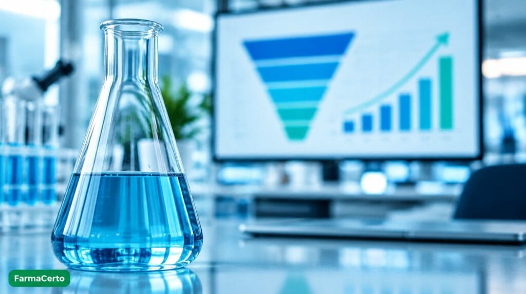 Frasco de laboratório e gráficos representando marketing para laboratórios farmacêuticos no Brasil