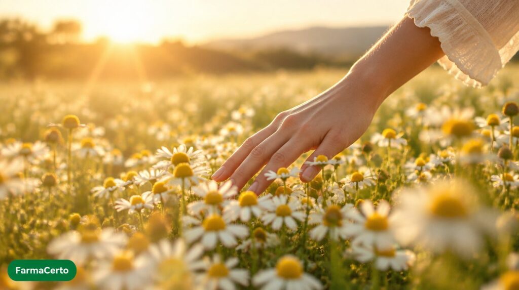 Mão tocando flores de camomila em campo ao pôr do sol, planta do chá de camomila