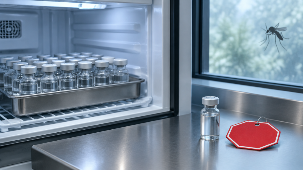 Bandeja de frascos de vacina sem rótulo em refrigerador médico aberto, com um frasco separado na bancada ao lado de etiqueta vermelha