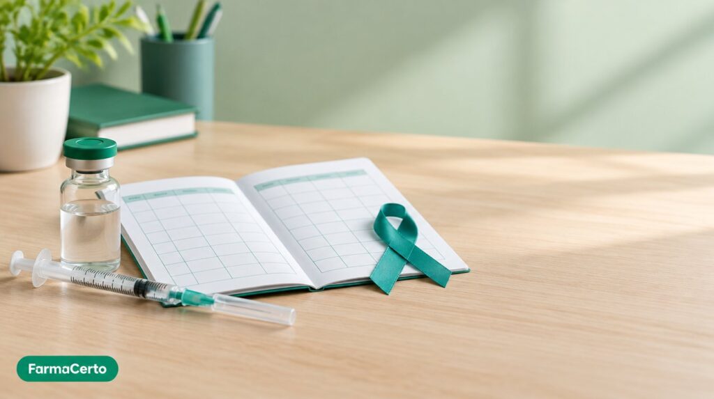 Frasco de vacina e seringa ao lado de uma caderneta de vacinação, representando a vacina do HPV para jovens de 15 a 19 anos no SUS