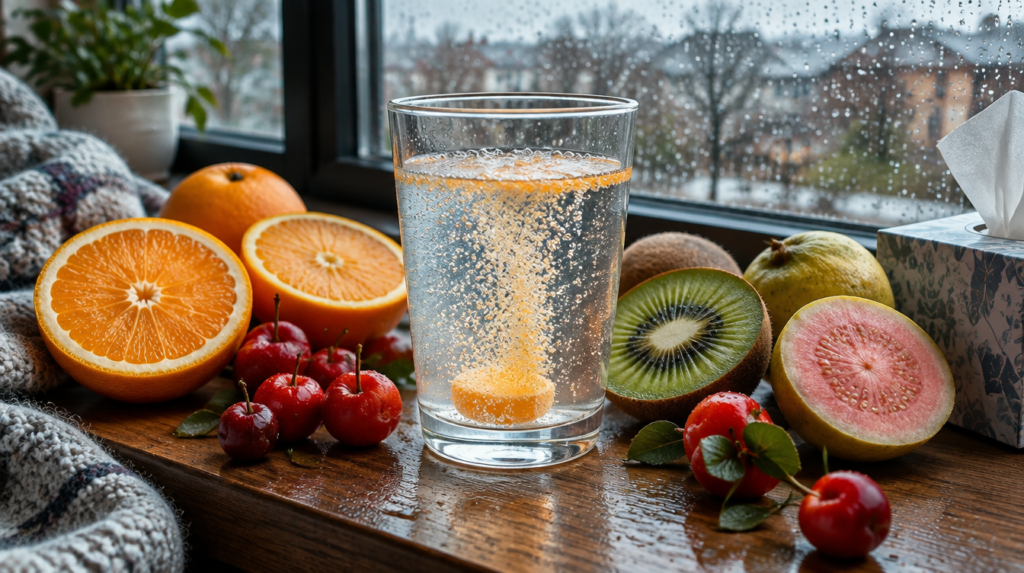 Comprimido efervescente laranja borbulhando em copo de água, cercado de laranjas, acerolas, kiwi e goiaba em parapeito com chuva