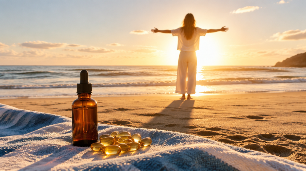 Pessoa de costas com os braços abertos diante do sol da manhã na praia, com frasco conta-gotas e cápsulas douradas sobre a toalha