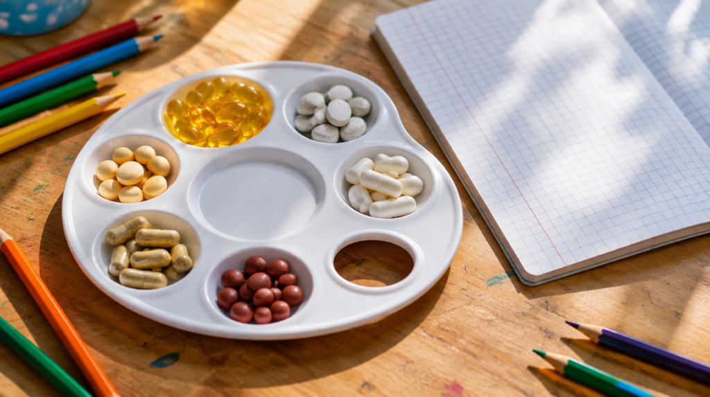 Suplementos variados separados nos compartimentos de uma paleta de pintura sobre mesa de estudos com lápis de cor e caderno em branco